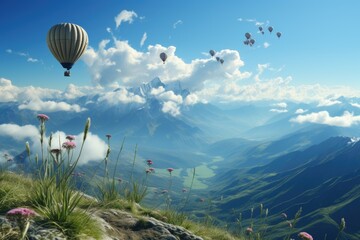 Beautiful landscape hot air balloons and flowers and clouds Generative AI