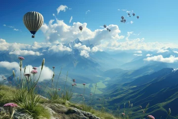 Zelfklevend Fotobehang Beautiful landscape hot air balloons and flowers and clouds Generative AI © Saim Art