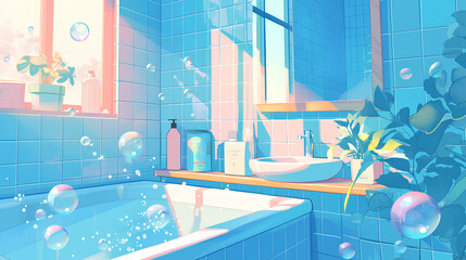 bar soap and foam in the shower, 2d illustration