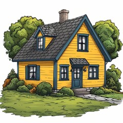 A small yellow cartoon house surrounded by trees.