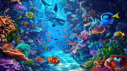 Fototapeta na wymiar Vibrant underwater scene with marine life - A colorful underwater ecosystem bustling with sea creatures and corals in a mesmerizing deep blue setting