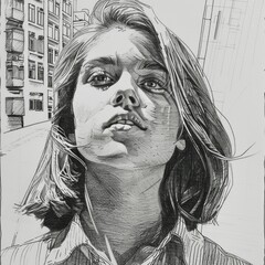 black and white sketch portrait in pencil, a young woman with a bob hairstyle, a student. Carefree
