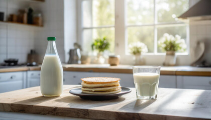 World Milk Day Breakfast: Milk bottle, pancakes, and glass of milk on the kitchen table