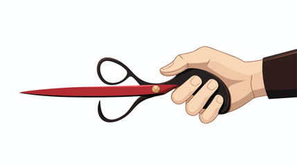 The hand holding the red scissors against the white background 