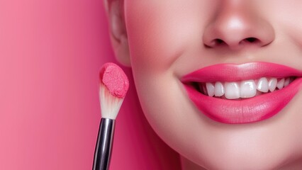 girl woman doing makeup herself, pink lipstick, foundation. Close face