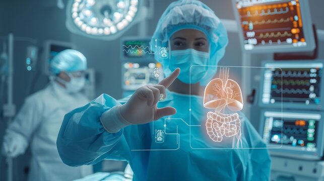doctor Surgeon uses their finger to touch a virtual holographic button about the internal body system, generative ai art