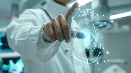 doctor Surgeon uses their finger to touch a virtual holographic button about the internal body system, generative ai art