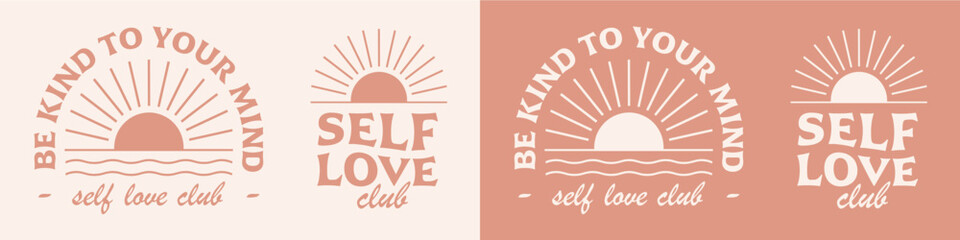 Self love club lettering. Self care quotes inspiration to take care of yourself. Boho retro celestial floral girl aesthetic. Cute positive mental health text for women shirt design and print vector. - obrazy, fototapety, plakaty