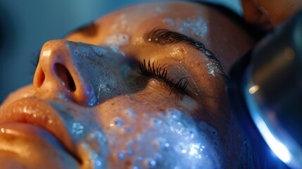 A close-up photo of a woman's face during a deep facial cleansing treatment, taken Beautiful woman in beauty salon during photo rejuvenation procedure
