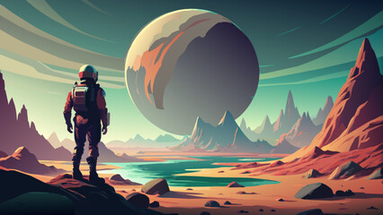 Fototapeta premium Retro sci-fi, a scene of space exploration on Mars