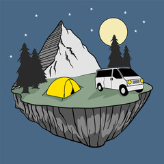 doodle illustration of camping with a car and setting up a tent at night