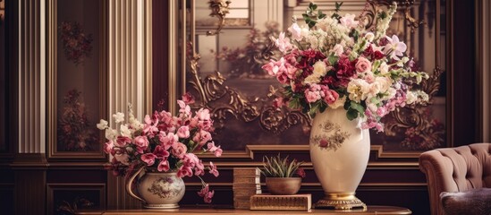 Fototapeta na wymiar Luxury interior design featuring a vase of flowers and decorative elements