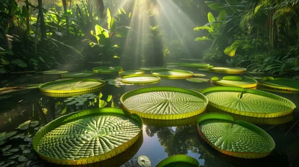 Foto op Canvas Serene rainforest scene with sunbeams and giant water lilies, suitable for eco-tourism and wellness themes. © Vladimir