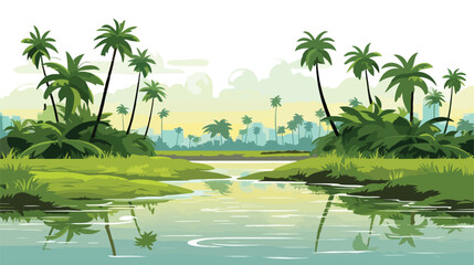 Fototapeta na wymiar Tropical landscape with palm trees and rice paddle.