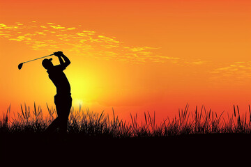 Silhouette of a male golfer swinging club at sunset, suitable for sports and leisure themes.