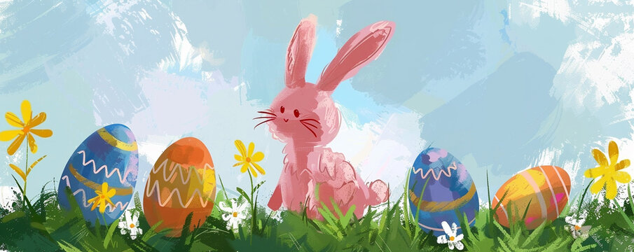 Cute pink bunny rabbit with easter eggs in flower garden with blue sky painting illustration