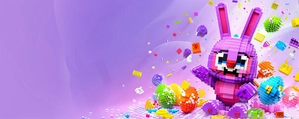 Cute purple pink voxel brick bunny rabbit with easter eggs on purple background 3d render videogame copy space illustration