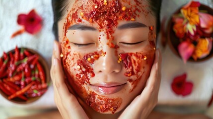 A young Asian woman is having a spa, applying chili sauce on her face and putting lots of dried chili peppers on her face