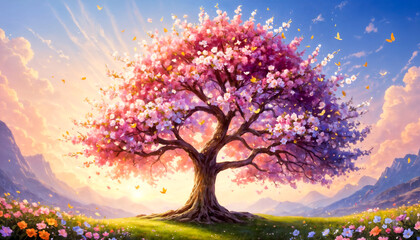 Fototapeta na wymiar Multicolored Blossoming Tree in a Vibrant Spring Meadow at Sunset