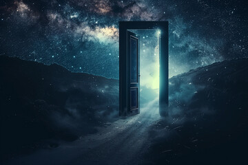 Surreal doorway under a starry night sky for conceptual designs.