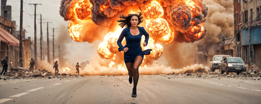 A female superhero rushes along a city street with intense attention, huge flames and clouds of smoke from powerful explosions are visible in the background.