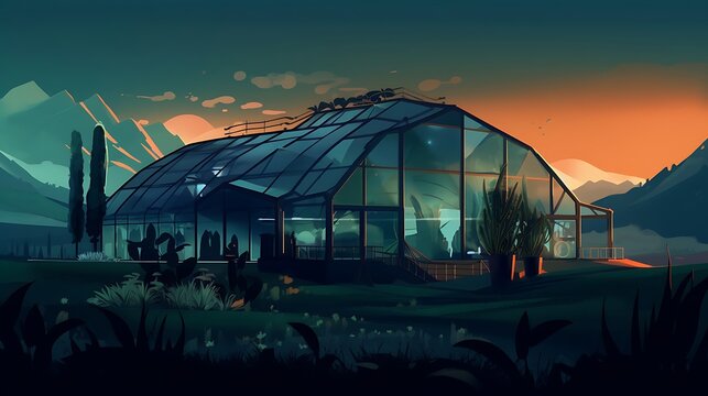 a dark reflection-style minimalist image of a futuristic spacecraft greenhouse, set against a twilight sky, with greens, ocean, and mountains subtly incorporated into the scene , Attractive look