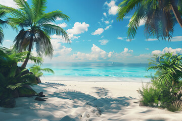 Serene tropical beach with palm trees and clear sky, perfect for vacation and travel themes.