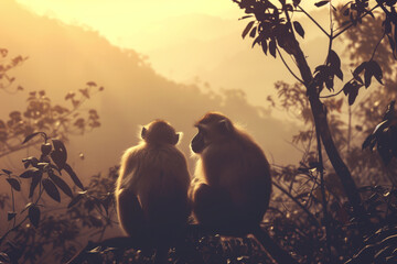 Two monkeys sitting together in nature during golden hour, suitable for travel or wildlife themes. - obrazy, fototapety, plakaty