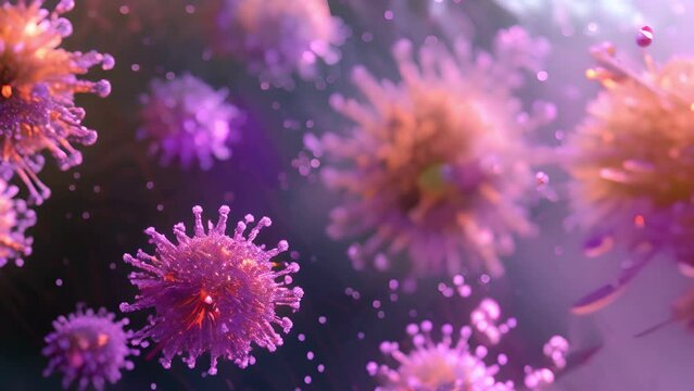 bunch of viruses are floating in the air. The viruses are brown and have a fuzzy appearance, Group of virus cells. 3D illustration, Coronavirus cells