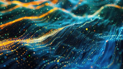 Abstract waves with moving points and lines. particle flow Illustration of cyber technology