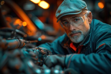 Seasoned mechanic thoughtfully inspects engine parts, showcasing his years of expertise