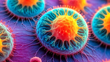 Colorful viruses, viewed under a microscope