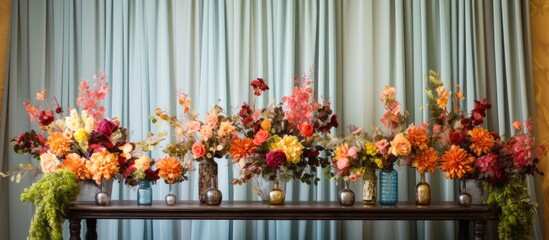 Fototapeta premium flowers in vases on table with curtain backdrop