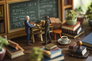 Miniature queer academic lounge scene with a business couple discussing over coffee, surrounded by books and a chalkboard.