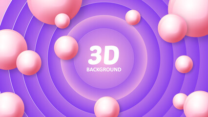 3D Background. Abstract 3D radial circle papercut layered dark blue, pink and purple background. Pink sphere of ball on gray background. Abstract background with 3D spheres. Vector illustration