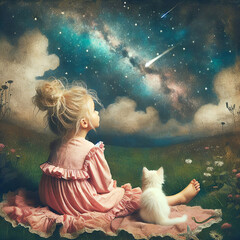 Cute little girl wearing pink pajamas with white kitten watching a shooting star in night sky