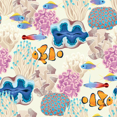 Vector seamless tropical pattern with coral reef - 759014977