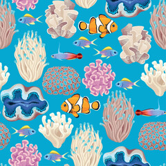 Vector seamless tropical pattern with coral reef - 759015141