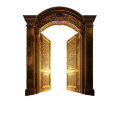 Opened gate or door, golden, glowing, magic and mystic realm portal, isolated on transparent background. Unknown and discovery concepts. 