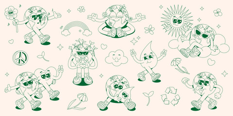 Obraz premium Collection of retro groovy hippie Earth planet characters. Vector funny 60s, 70s vintage Earth Day stickers, stamps or mascots. World Environment Day concept. Y2K aesthetics. Monochrome palette.