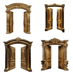 Set of 4 opened gate or door, gold arch complex architecture entrance, empty, isolated on transparent background. 