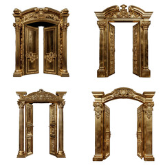 Set of 4 opened gate or door, gold arch complex architecture entrance, empty, isolated on transparent background. 