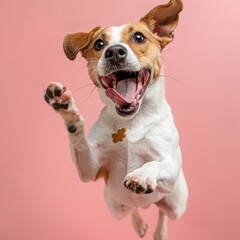 Happy dog jumping on pastel background and catching a treat with mouth wide open 