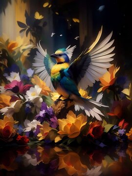 Cinematic Masterpiece: Graceful Bird with Open Wings Perched on a Vibrant Flower Bed