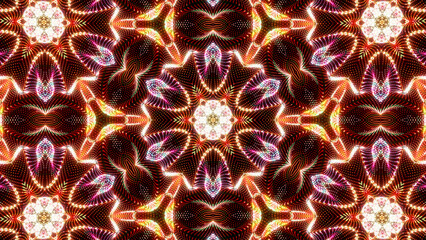 Abstract Geometric Red Brown Colorful Glowing Shiny Fractal Dotted Lines Flower Mandala Patterns Digital Kaleidoscope Background