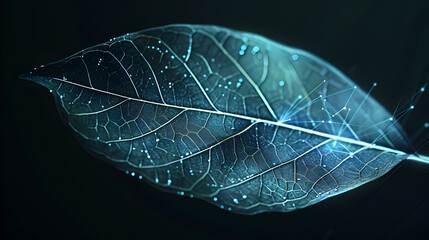 A translucent leaf with pulsating digital lines representing data flow, against a pitch - black...