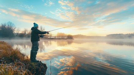 A fisherman with a fishing rod is on the shore of a lake or pond catching fish. The calm and stillness of the morning dawn.