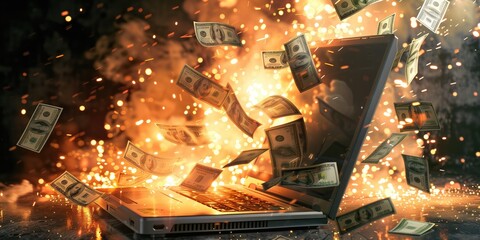 Fiery Earnings: Dollars Erupt from Blazing Laptop