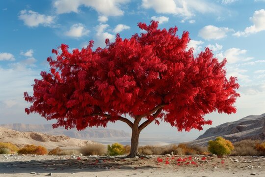 A vibrant red tree in a desert, its crimson leaves a stark contrast to the surroundings, symbolizing resilience, in high detail.