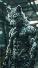 Fototapeta premium Wolf Werewolf Warrior Cyborg Cyberpunk Cinematic Concept Art Fantasy character V1 35